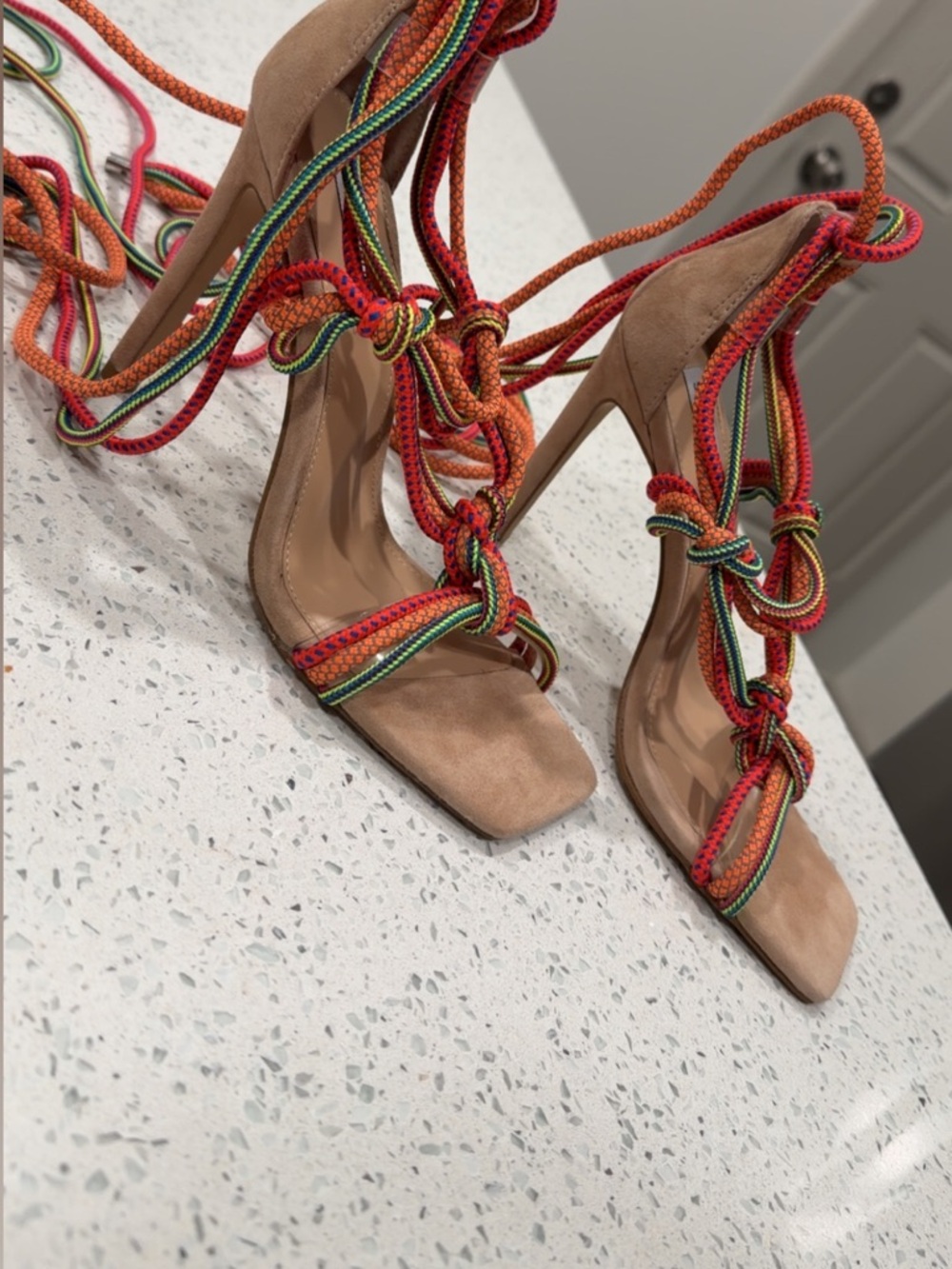 Steve Madden Tan Suede Stiletto Sandals with Multicolor Rope Laces
